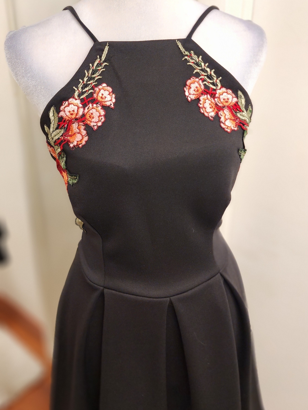 B Darlin Black Strapless Dress with Red Floral Embroidery